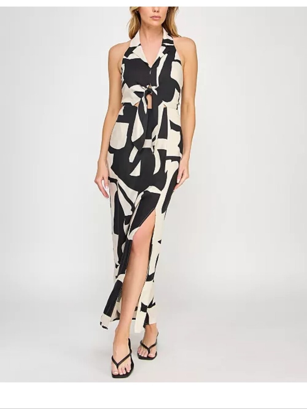 Invitée Black White Abstract Halter Maxi Dress Sz S Tie Waist Sleeveless NWT